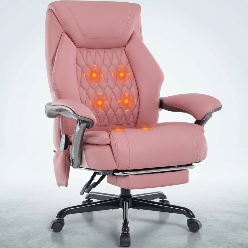 Black executive massage office chair with glowing heat and vibration nodes and extended footrest