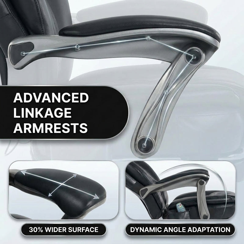 Close-up of the massage office chair's wide adjustable linkage armrest