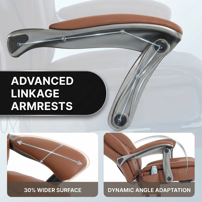Close-up of the massage office chair's wide adjustable linkage armrest