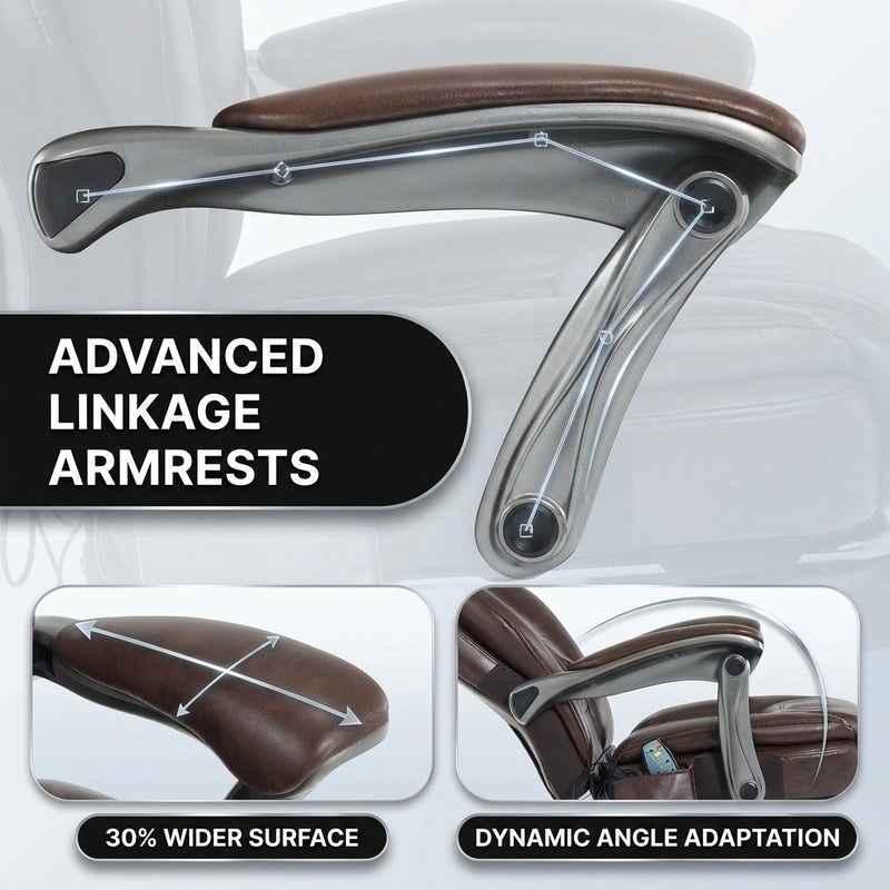Close-up of the massage office chair's wide adjustable linkage armrest
