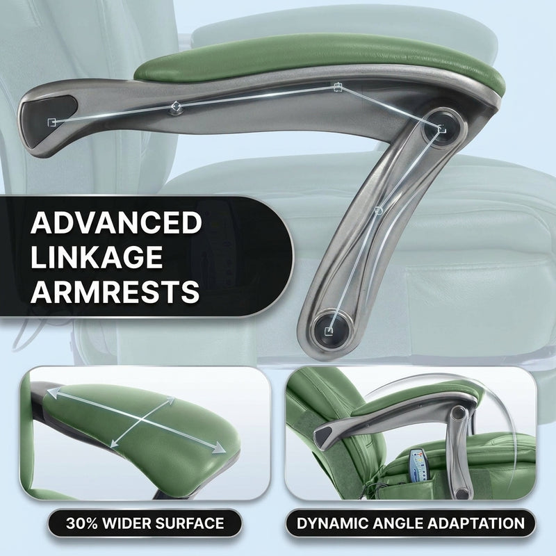 Close-up of the massage office chair's wide adjustable linkage armrest