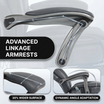 Close-up of the massage office chair's wide adjustable linkage armrest