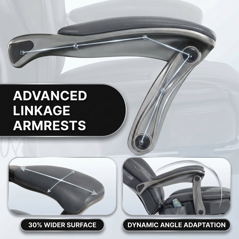 Close-up of the massage office chair's wide adjustable linkage armrest