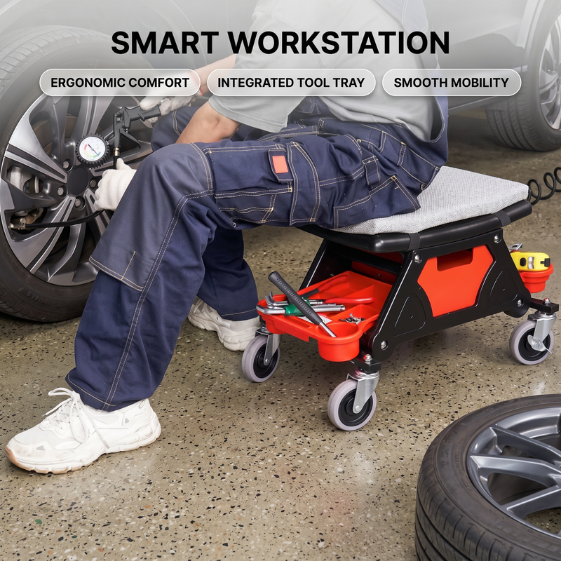 Person detailing a grey car beside the rolling mechanic stool with five swivel casters