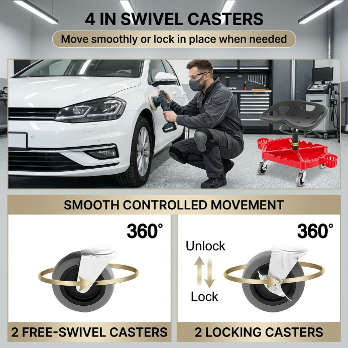 Person detailing a grey car beside the rolling mechanic stool with five swivel casters