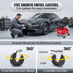 Person detailing a grey car beside the rolling mechanic stool with five swivel casters