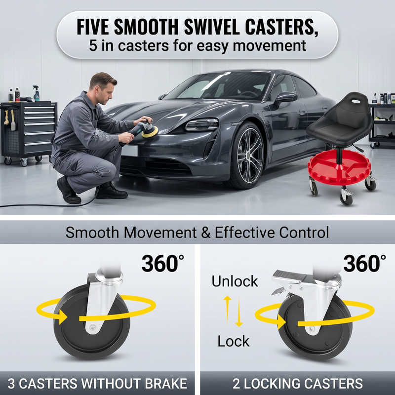 Person detailing a grey car beside the rolling mechanic stool with five swivel casters