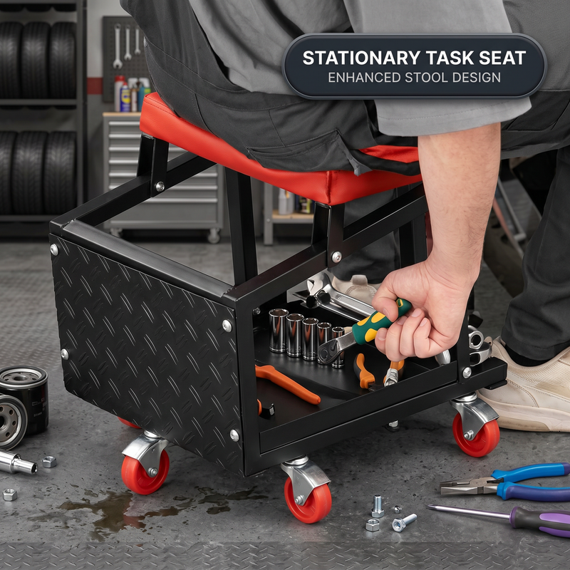 Person detailing a grey car beside the rolling mechanic stool with five swivel casters