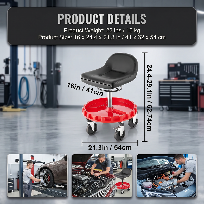 Person in grey coveralls sitting on the rolling mechanic stool while working on a car wheel