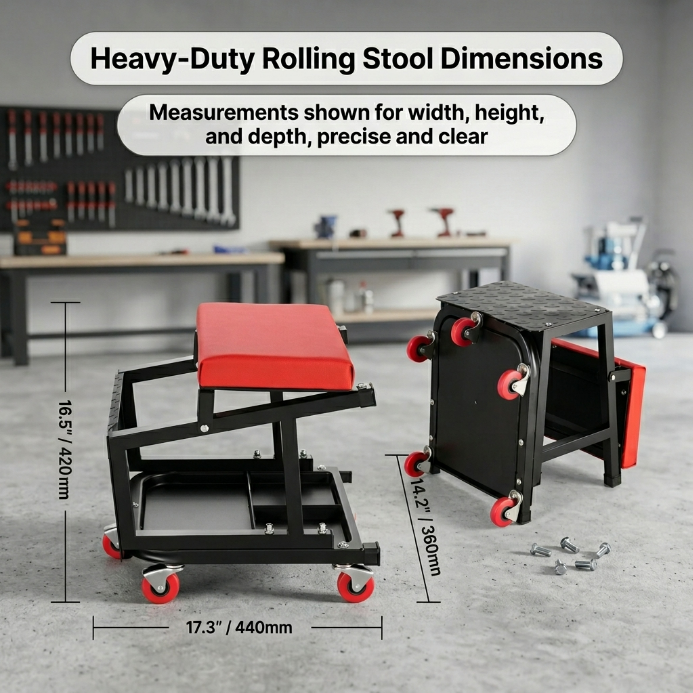 Person in grey coveralls sitting on the rolling mechanic stool while working on a car wheel