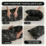 Four photos showing how to press - fold and squeeze a memory foam body pillow - then allow it to rest for 24 hours