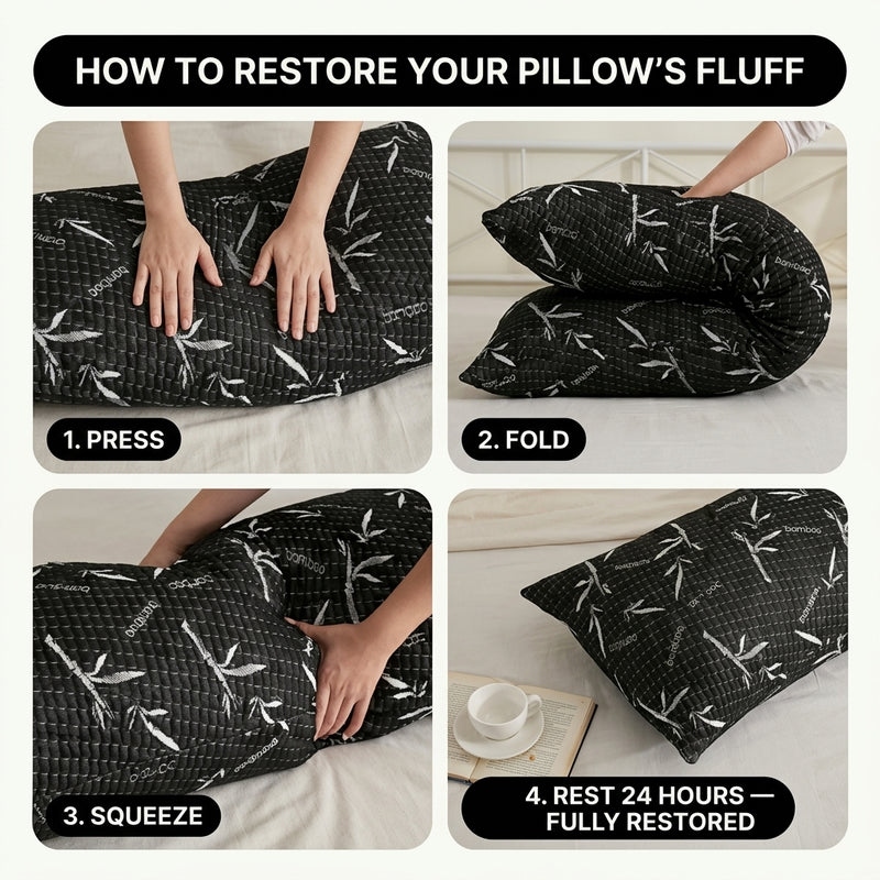 Four photos showing how to press - fold and squeeze a memory foam body pillow - then allow it to rest for 24 hours