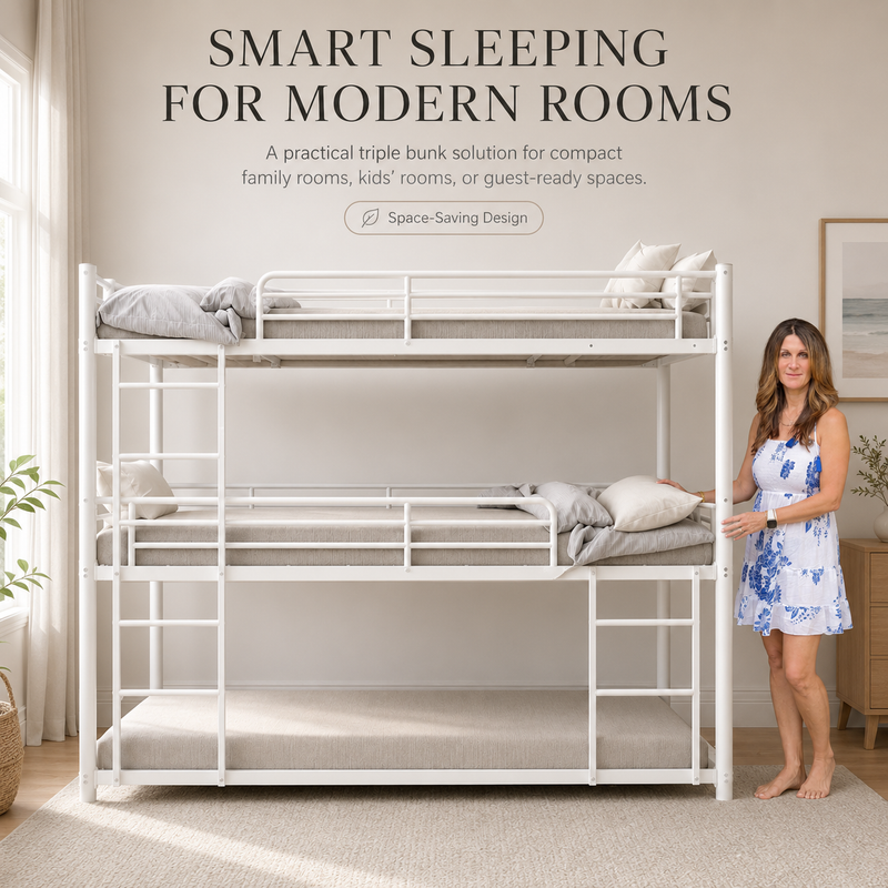 Adult standing beside a black metal bunk bed showing its full-size scale