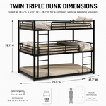 Dimensioned diagram of the metal bunk bed with recommended mattress thickness