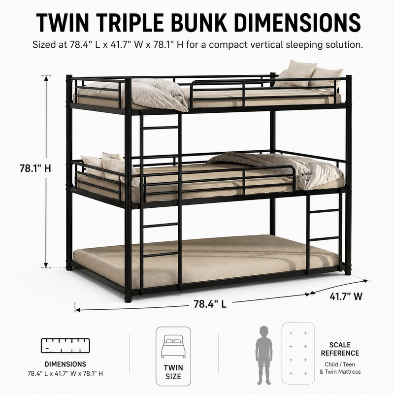 Dimensioned diagram of the metal bunk bed with recommended mattress thickness