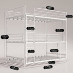Dimensioned diagram of the metal bunk bed with recommended mattress thickness