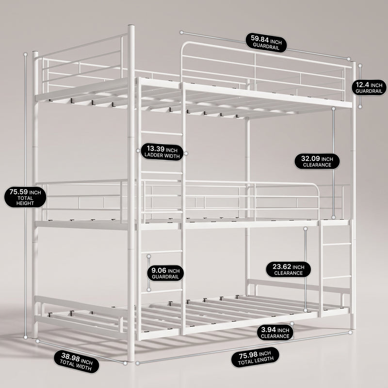 Dimensioned diagram of the metal bunk bed with recommended mattress thickness