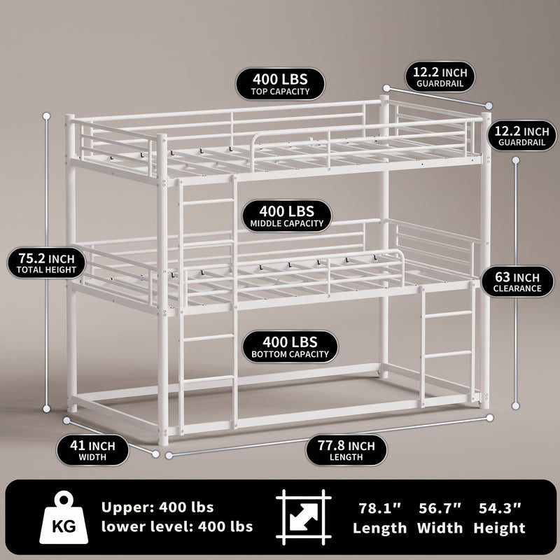 Dimensioned diagram of the metal bunk bed with recommended mattress thickness