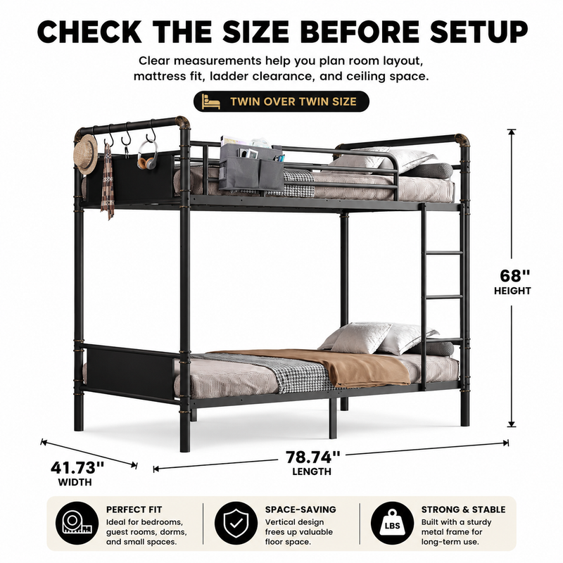 Dimensioned diagram of the metal bunk bed with recommended mattress thickness