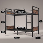 Dimensioned diagram of the metal bunk bed with recommended mattress thickness