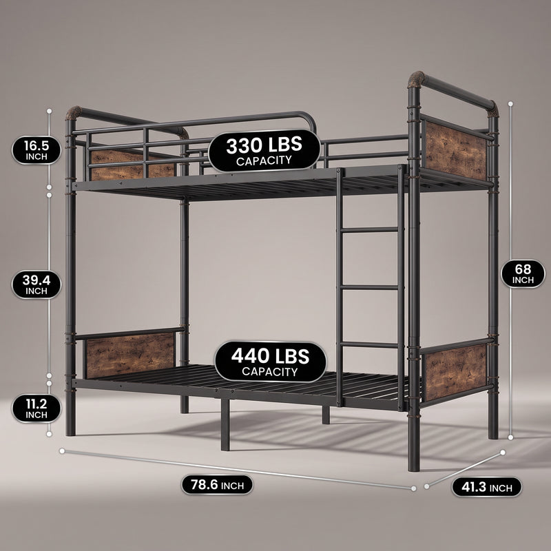 Dimensioned diagram of the metal bunk bed with recommended mattress thickness