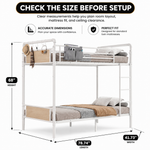 Dimensioned diagram of the metal bunk bed with recommended mattress thickness