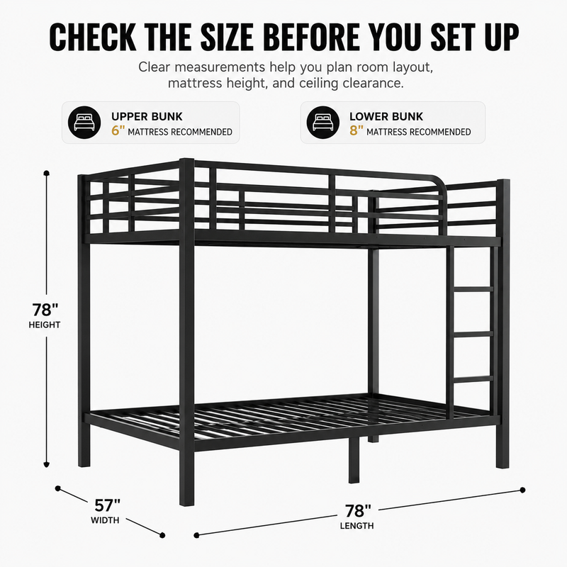 Dimensioned diagram of the metal bunk bed with recommended mattress thickness