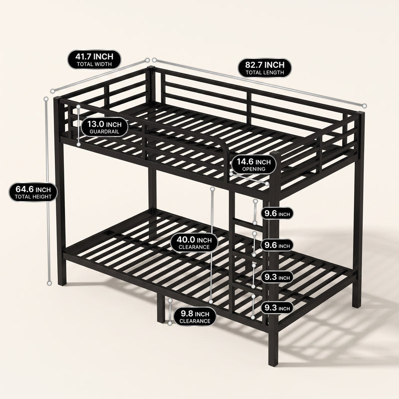 Dimensioned diagram of the metal bunk bed with recommended mattress thickness