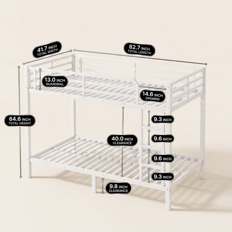 Dimensioned diagram of the metal bunk bed with recommended mattress thickness