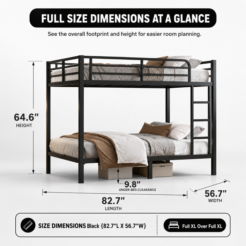 Dimensioned diagram of the metal bunk bed with recommended mattress thickness