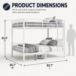 Dimensioned diagram of the metal bunk bed with recommended mattress thickness