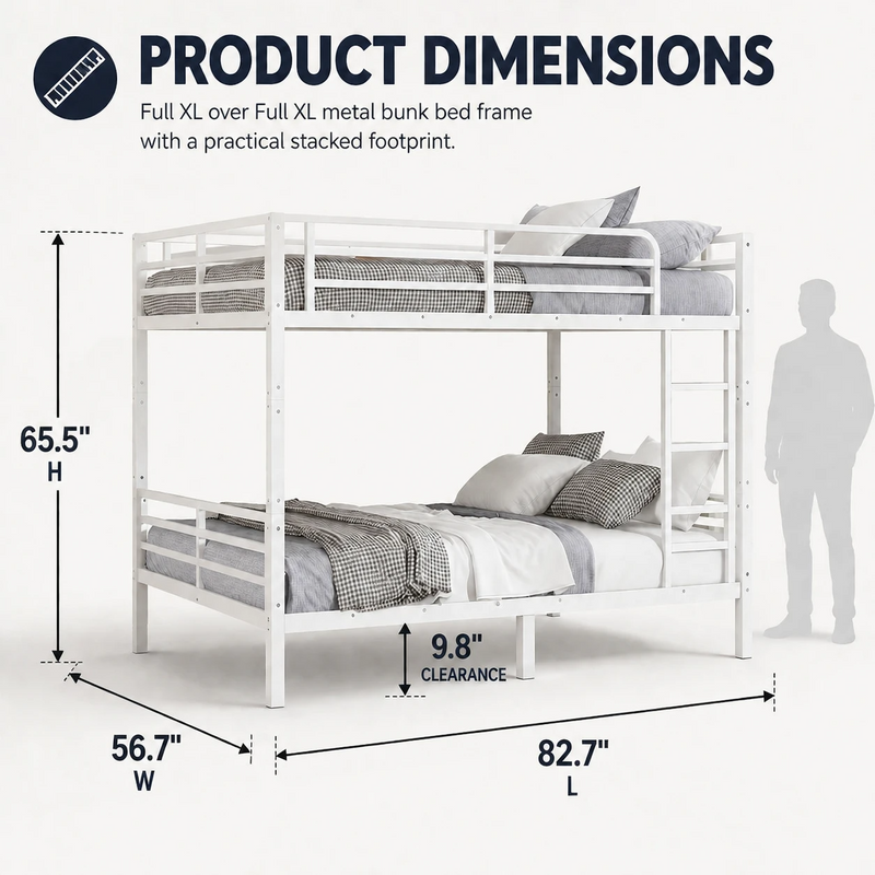 Dimensioned diagram of the metal bunk bed with recommended mattress thickness