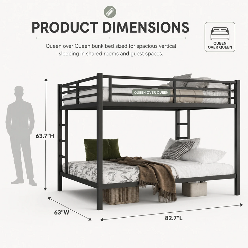 Dimensioned diagram of the metal bunk bed with recommended mattress thickness