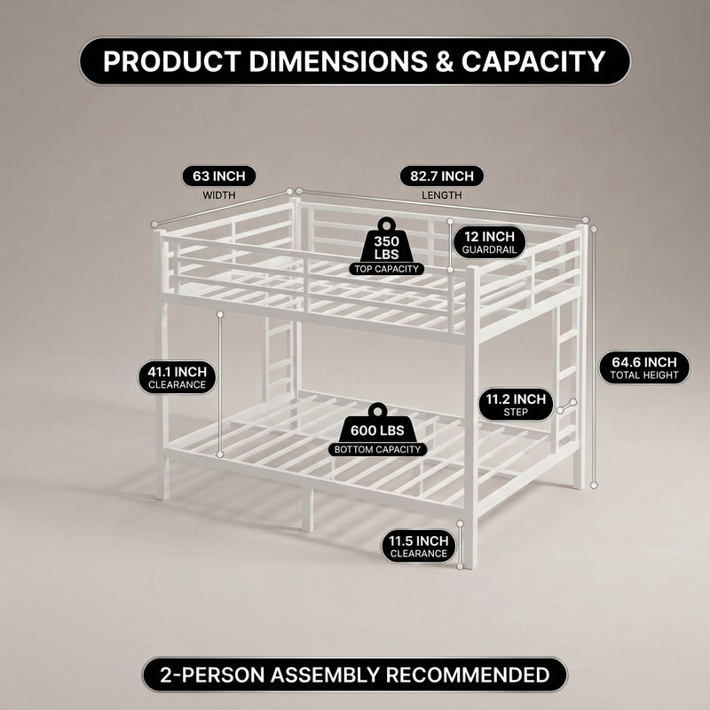 Dimensioned diagram of the metal bunk bed with recommended mattress thickness