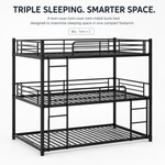 Black full-over-full metal bunk bed with ladder and guardrails in a styled bedroom