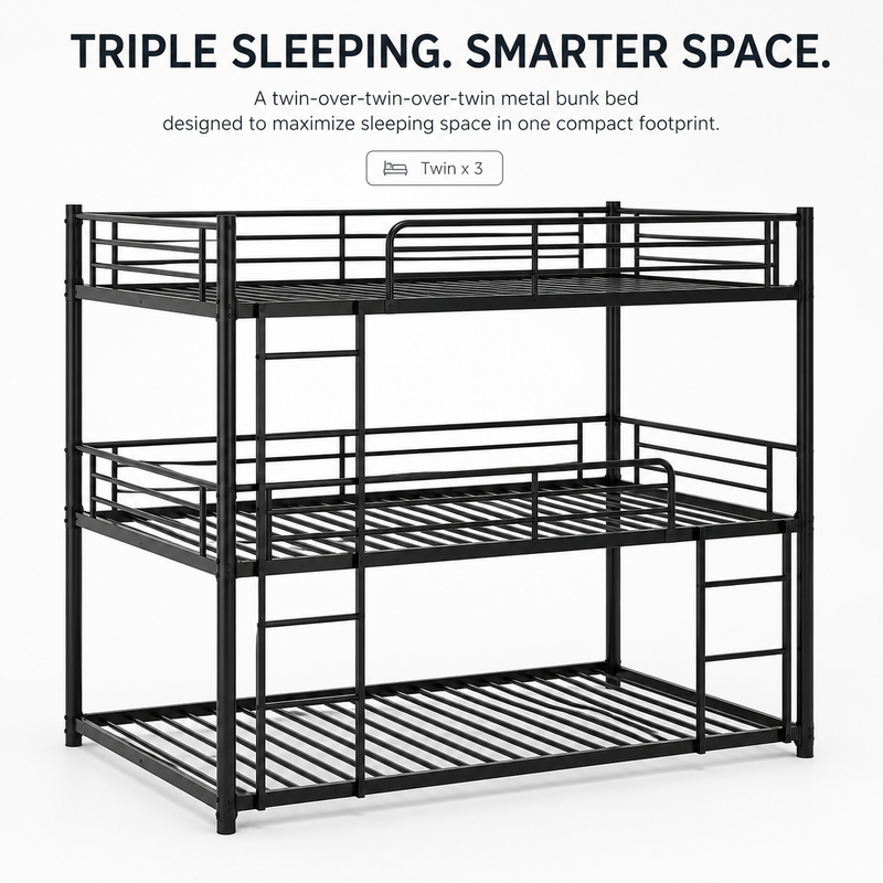 Black full-over-full metal bunk bed with ladder and guardrails in a styled bedroom