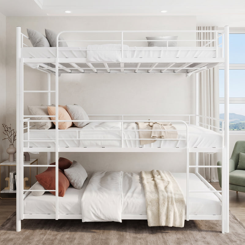 Black full-over-full metal bunk bed with ladder and guardrails in a styled bedroom