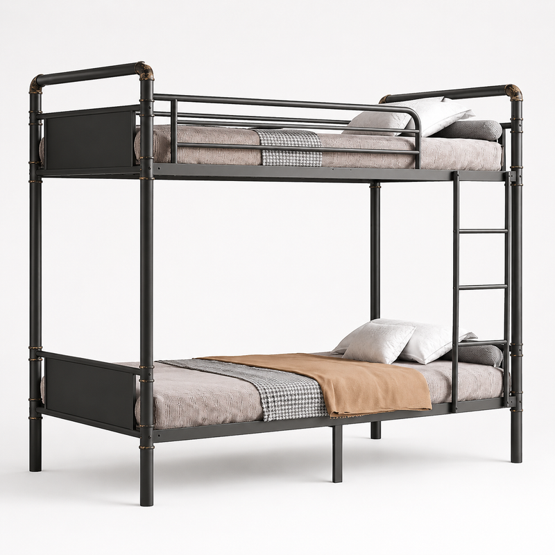 Black full-over-full metal bunk bed with ladder and guardrails in a styled bedroom