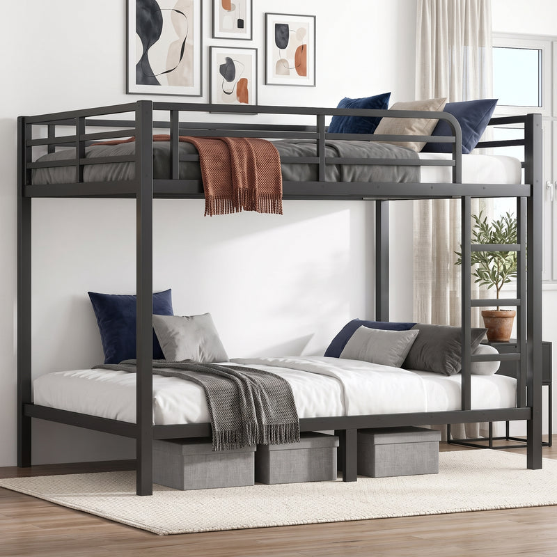 Black full-over-full metal bunk bed with ladder and guardrails in a styled bedroom