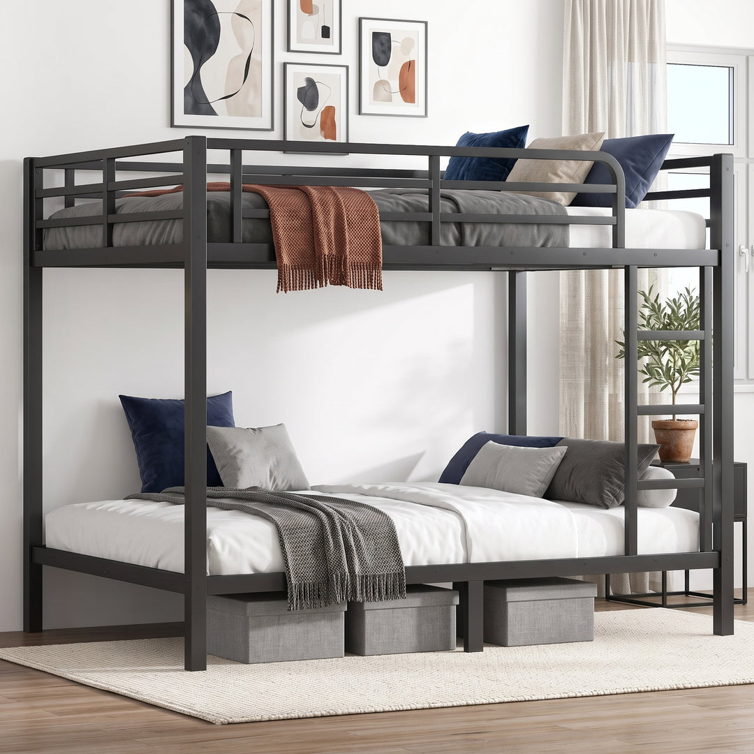 Black full-over-full metal bunk bed with ladder and guardrails in a styled bedroom