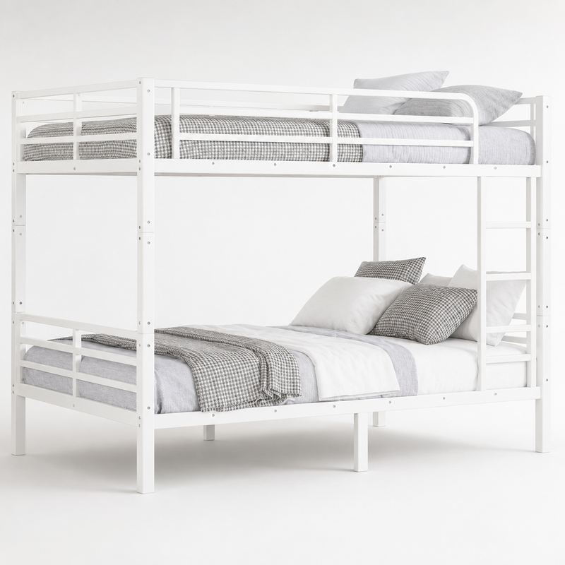 Black full-over-full metal bunk bed with ladder and guardrails in a styled bedroom