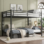 Black full-over-full metal bunk bed with ladder and guardrails in a styled bedroom
