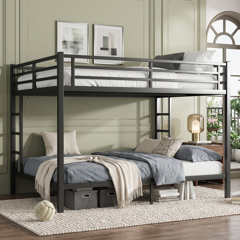 Black full-over-full metal bunk bed with ladder and guardrails in a styled bedroom