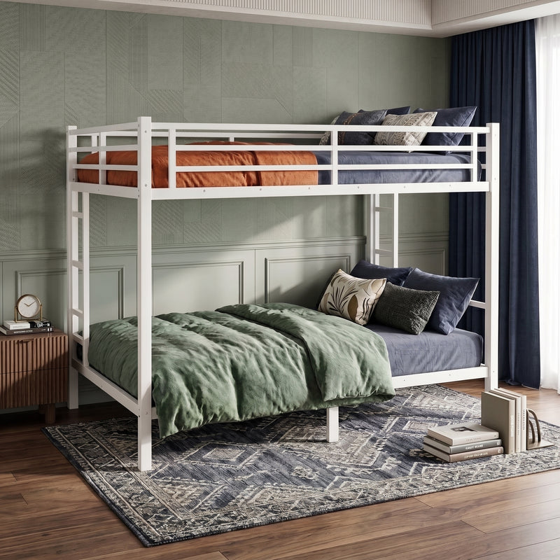 Black full-over-full metal bunk bed with ladder and guardrails in a styled bedroom
