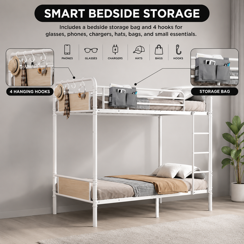 Metal bunk bed highlighting full-length guardrails and a built-in side ladder