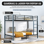 Metal bunk bed highlighting full-length guardrails and a built-in side ladder