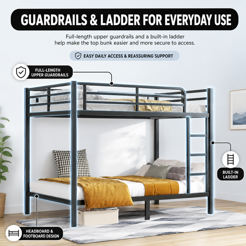 Metal bunk bed highlighting full-length guardrails and a built-in side ladder