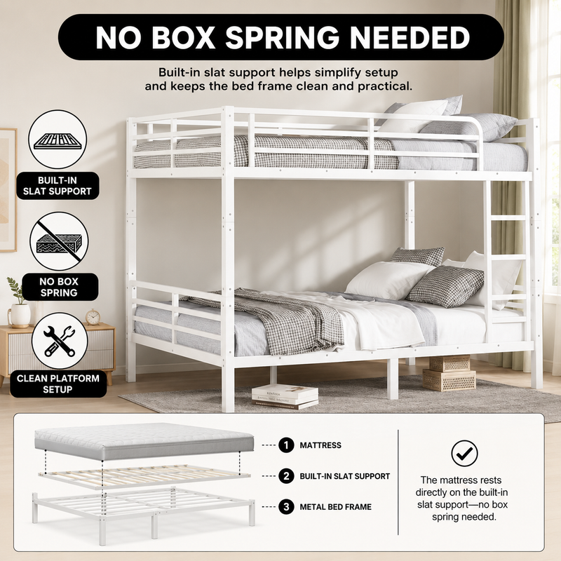 Metal bunk bed highlighting full-length guardrails and a built-in side ladder