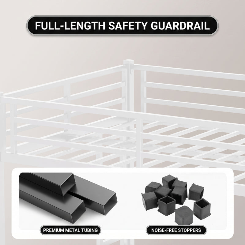 Metal bunk bed highlighting full-length guardrails and a built-in side ladder