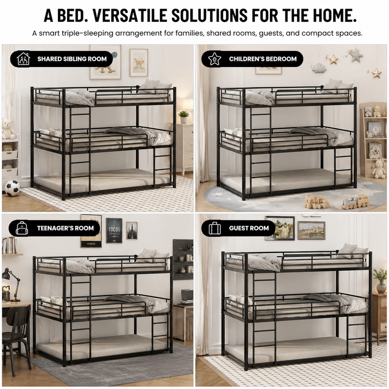 Metal bunk bed shown in shared - teen - guest and family bedroom settings